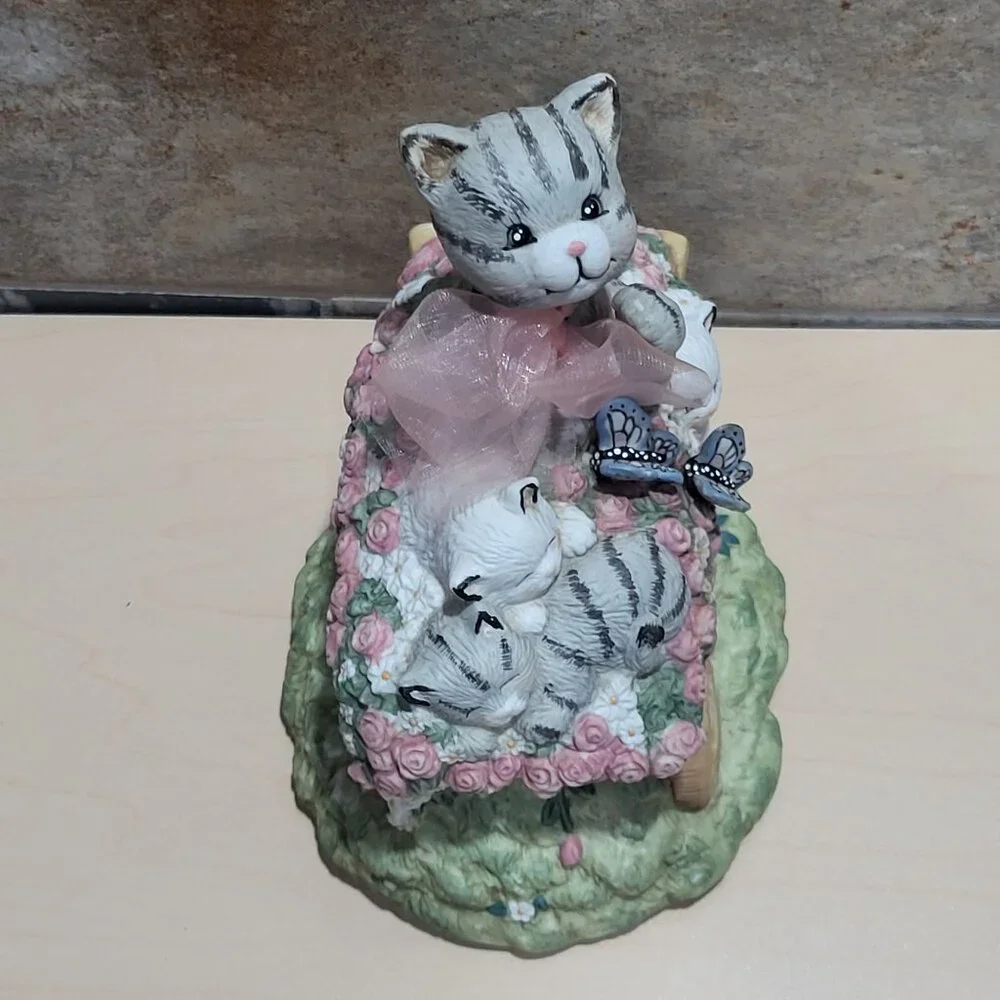 Porcelain Cats in Wheelbarrow Wind Up Music Box